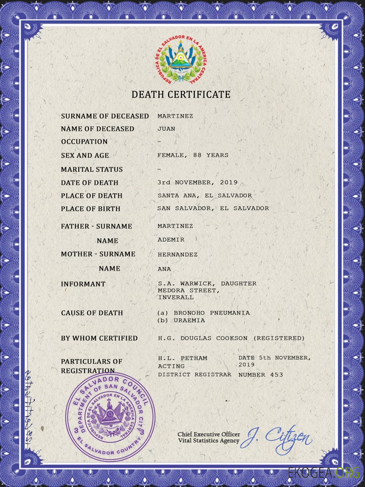 Modèle PSD de certificat de décès de l'état civil du Salvador